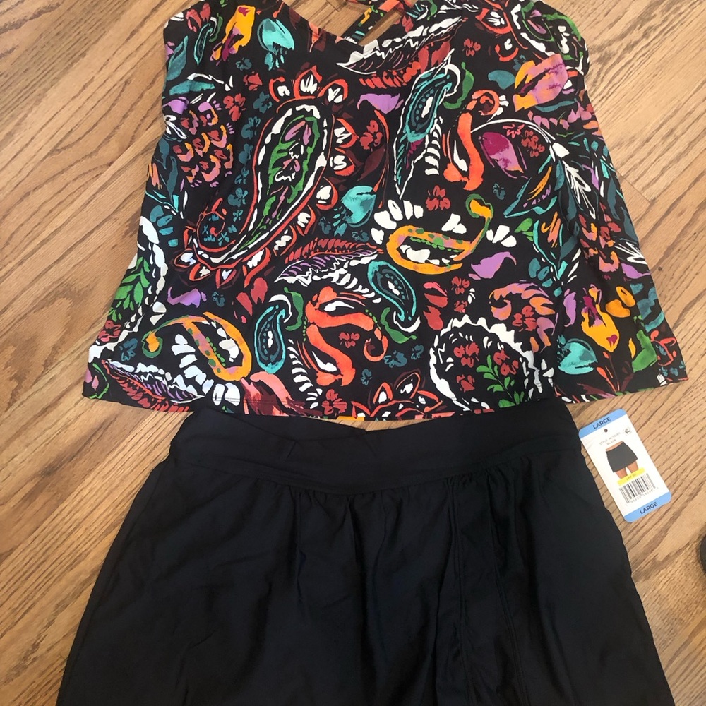 Anne Cole Colorful Paisley Swim Top and Black Skort Set L
